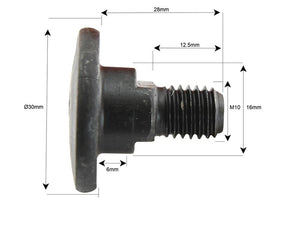 Side view of the Mower Blade Retainer by Sparex, designed with labeled dimensions: 30mm Collar Diameter, 6mm thick head, 28mm total length, 12.5mm underhead length, 16mm thread length, and M10 thread size. This is a replacement for Kidd, Kuhn, and Vicon models to fit as: 56150100K | Sparex Part Number: S.78372.