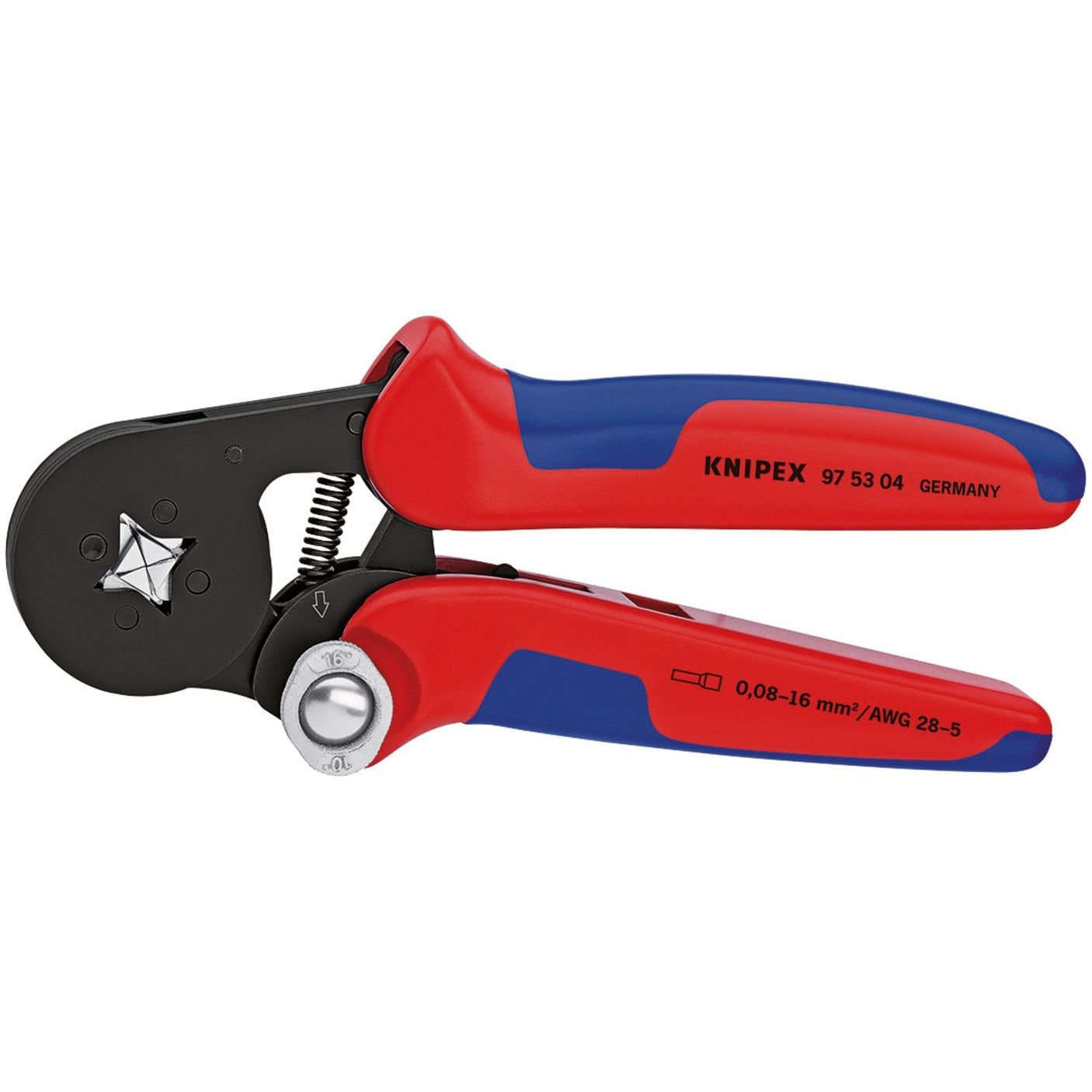 A pair of Draper Knipex 97 53 04Sbe Self Adjusting Ferrule Crimping Pliers with heavy-duty handles, model number 97 53 04 SB, designed for crimping wire sizes 0.08-16 mm²/AWG 28-5 and insulated ferrules. Made in Germany.