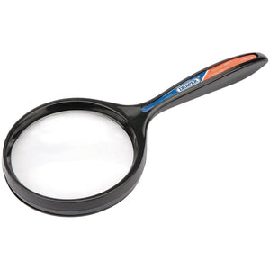 The Draper X 3 Round Magnifier, 65mm - M709A, features a black handle with clear lens and red and blue detailing. Perfect for engineers, this lightweight magnifying glass from Draper expertly combines style with functionality.