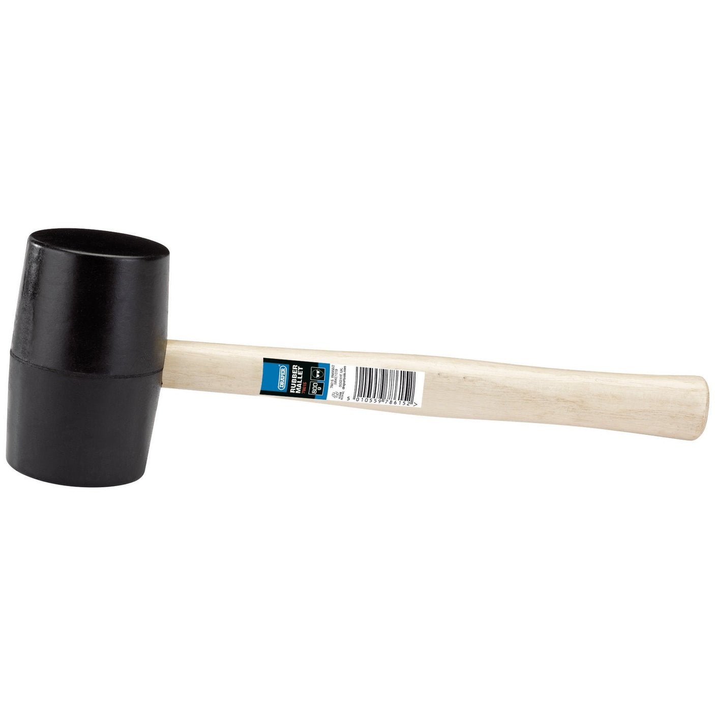 The Draper Hardwood Shaft Rubber Mallet, 800G/28Oz - RM956/2, comes equipped with a heavy-duty black rubber head and a sturdy hardwood shaft. It features a product label with a barcode attached to the handle.