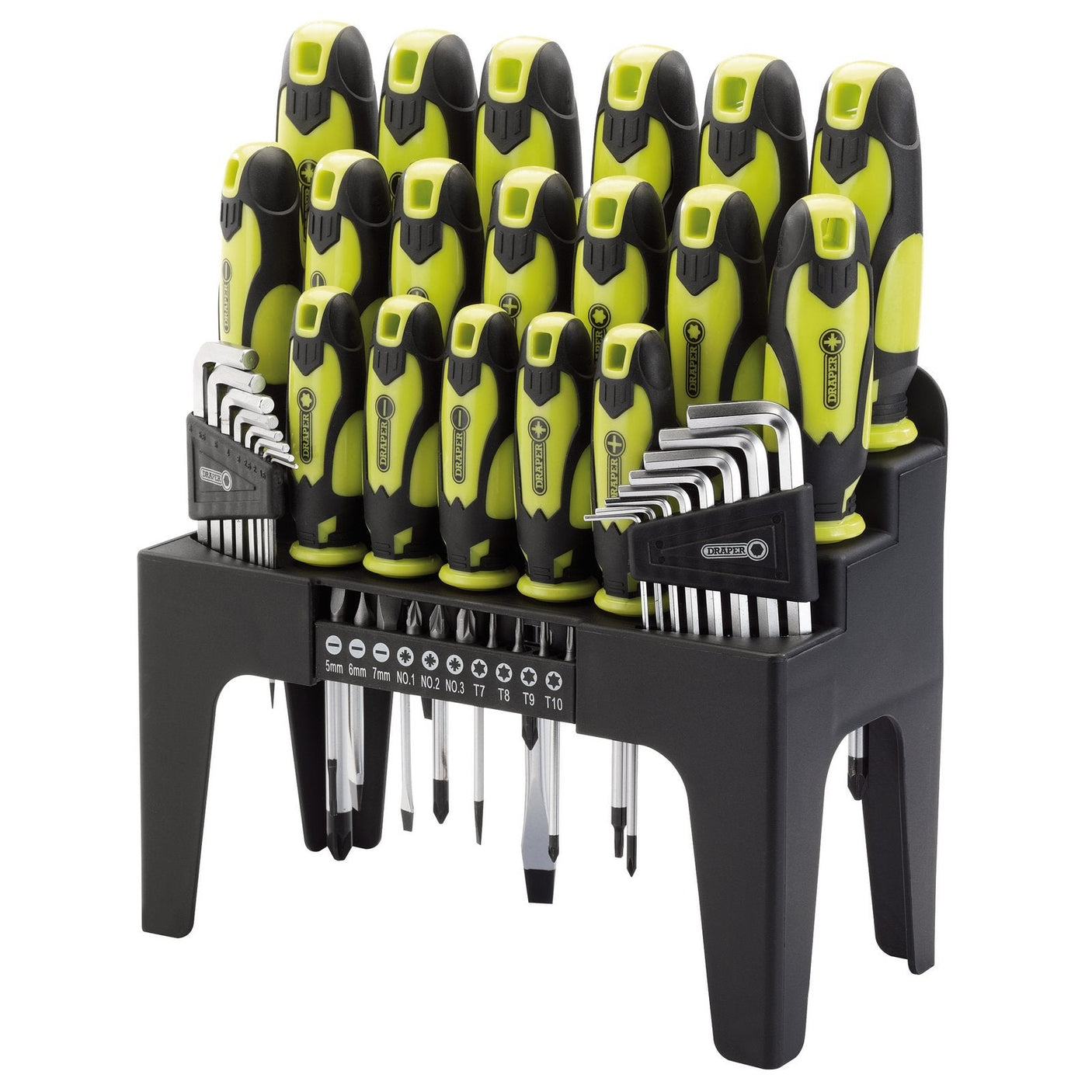 A 44-piece set of Draper green screwdrivers, hex keys, and bits in various sizes, organized in a sleek black plastic stand.