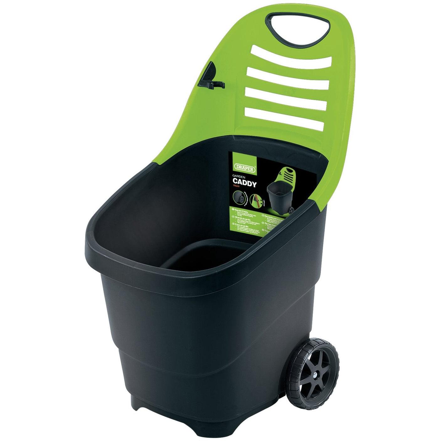 The Draper Garden Caddy - GCB, by Draper, is a black and green garden caddy equipped with wheels, a handle, and a 65L capacity storage bin. Its lightweight design makes it ideal for various gardening tasks and it features a label that displays the product information.