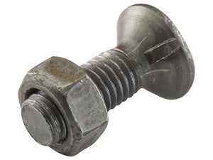 Close-up image of a Sparex Countersunk Head Bolt 2 Nibs With Nut (TF2E) - M20 x 75mm, showing the threads and the slotted head, highlighting its tensile strength of 8.8.