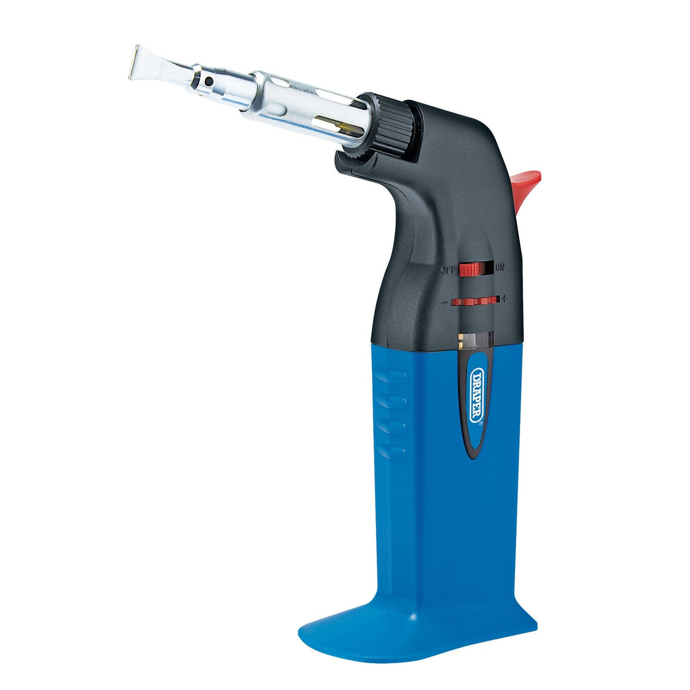 The Draper 2 In 1 Soldering Iron And Gas Torch - GT6 is a sleek blue and black handheld butane torch that features an adjustable flame control nozzle and a red ignition button. It also boasts textured grips, a refillable tank, and the Draper brand label on its body.