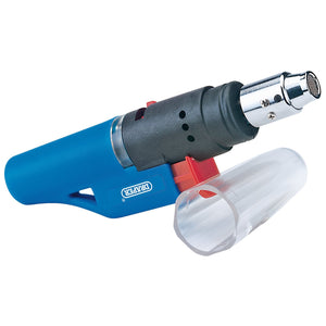 Introducing the Draper Flameless Gas Torch - GT9, a handheld torch with a sleek blue and black design. It features an adjustable heat metal nozzle, a clear plastic cap, and an instant electronic ignition for maximum convenience.