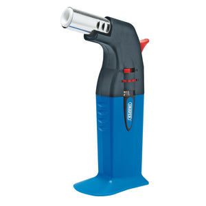 The Draper Heavy Duty Gas Torch - GT10 is a handheld butane torch featuring a blue body, black nozzle, and red ignition button. This free-standing torch comes equipped with a built-in stand and a visible fuel gauge, along with adjustable flame control for precision.