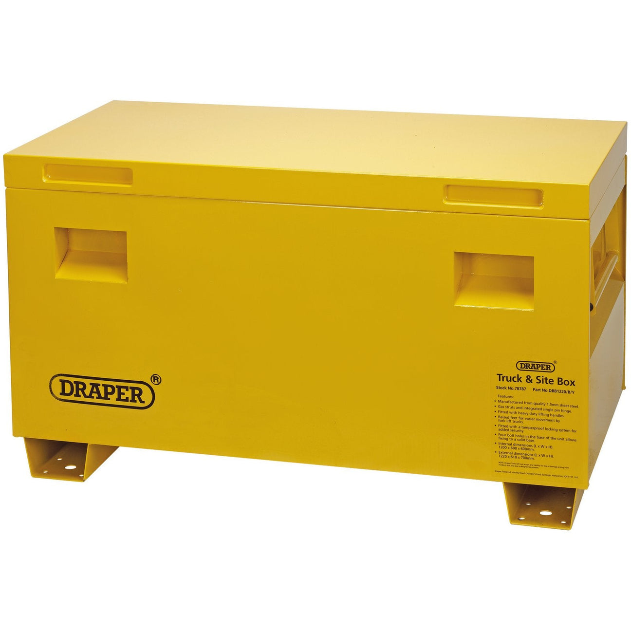 Heavy duty sheet steel rectangular Draper Truck & Site Box, 36" - DBB915/B/Y, designed for trucks and work sites, with padlock attachment.