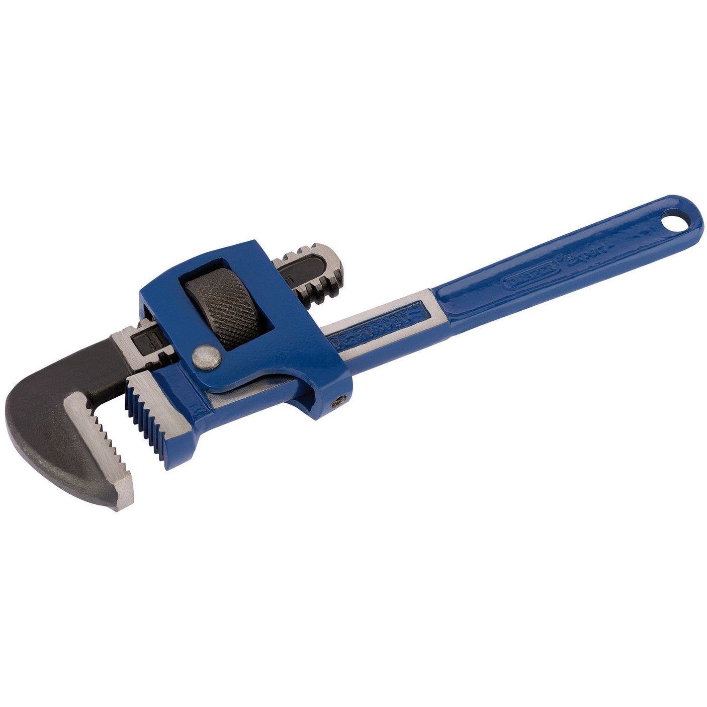 The Draper Expert Adjustable Pipe Wrench, 250mm, 40mm - 679 is a blue and silver tool featuring induction-hardened jaws that are serrated for extra grip. The long handle and traditional pattern make it user-friendly, while the electrostatic paint ensures durability.