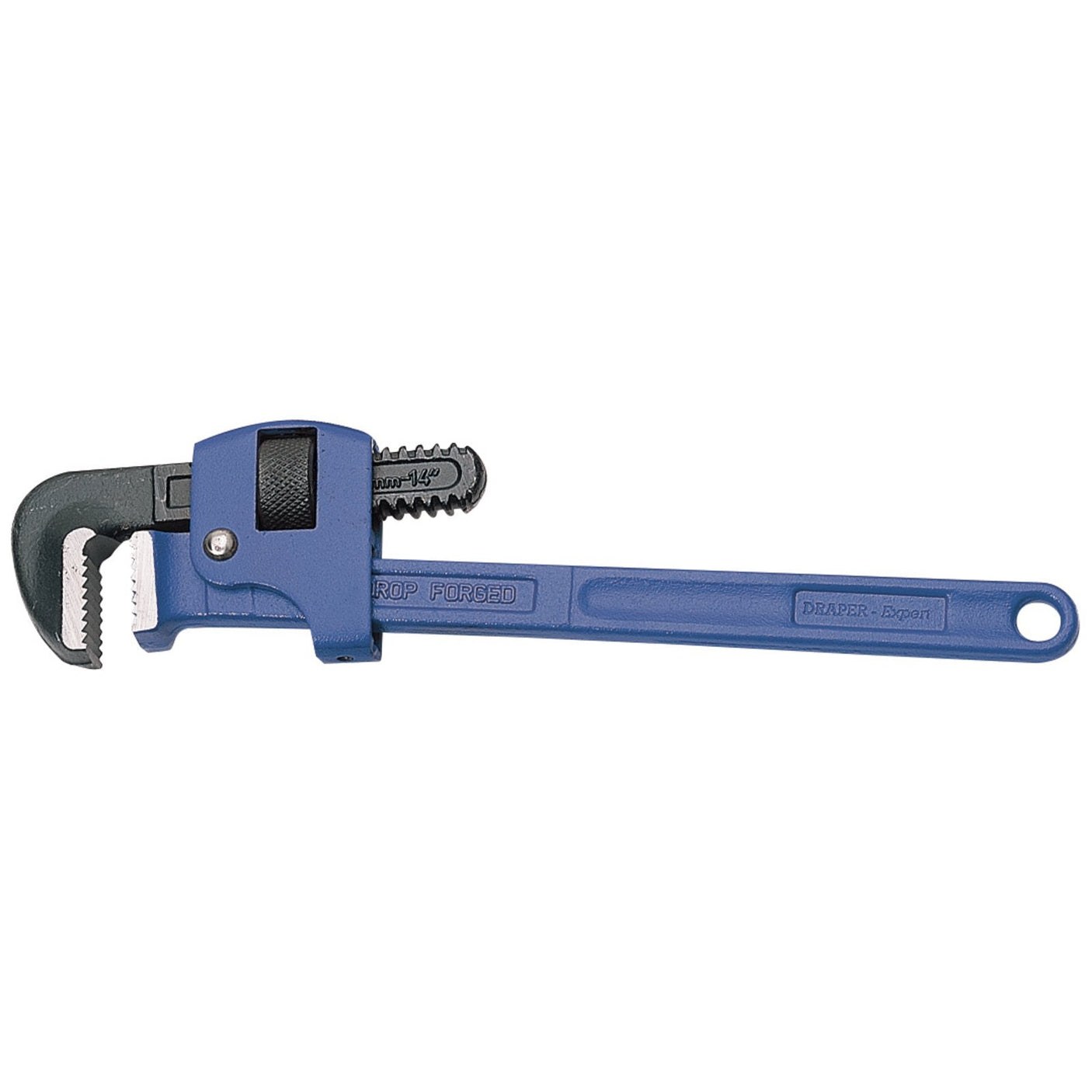 The Draper Expert Adjustable Pipe Wrench, 350mm, 50mm - 679 features a blue handle and is drop forged with an adjustable jaw and metal body, designed for gripping and turning pipes and fittings in the traditional pattern.