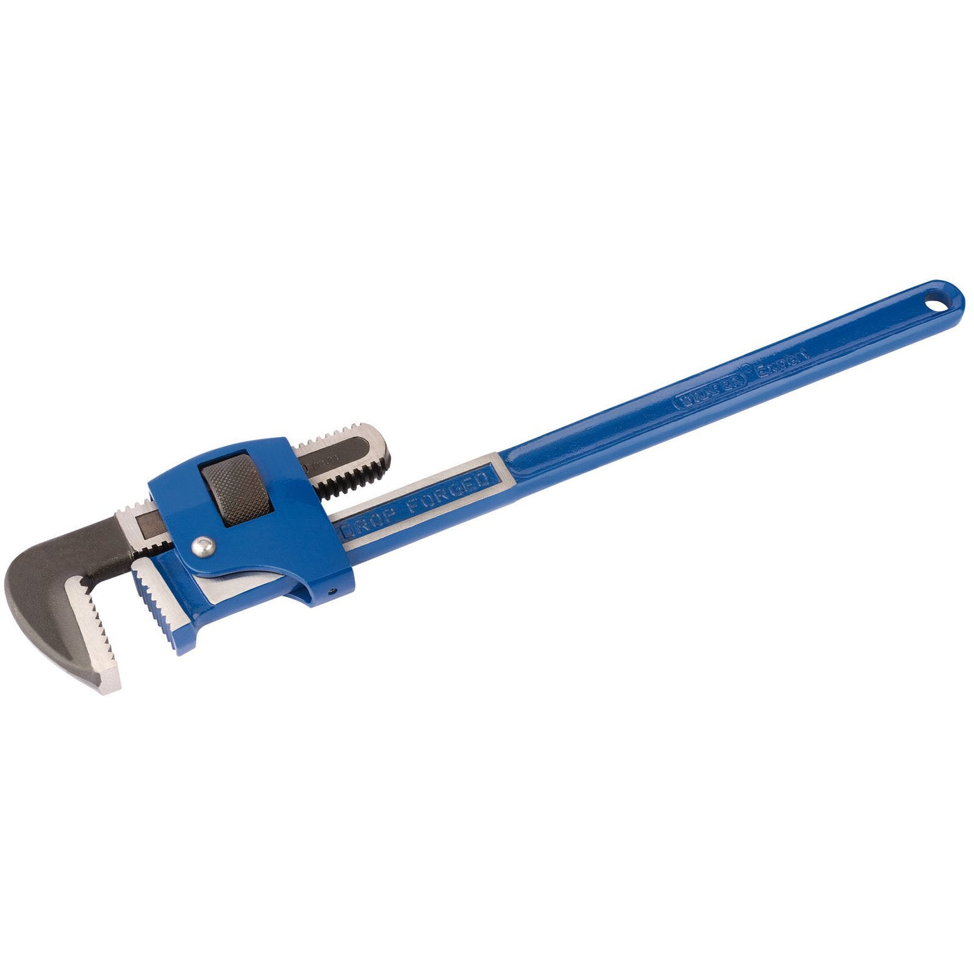 The Draper Expert Adjustable Pipe Wrench, 600mm, 75mm - 679 by Draper, features a blue finish and an adjustable jaw for gripping and turning pipes, with induction hardened teeth for enhanced durability.