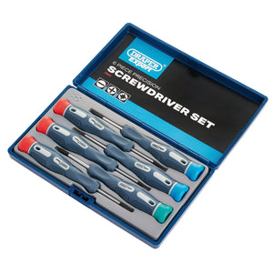 The Draper Soft Grip Precision Screwdriver Set (6 Piece) - PSS6 comes in a blue plastic case with a black label displaying the brand name "Draper" and product description. The set includes screwdrivers with grey, soft grip handles featuring colored ends and hardened steel blades.