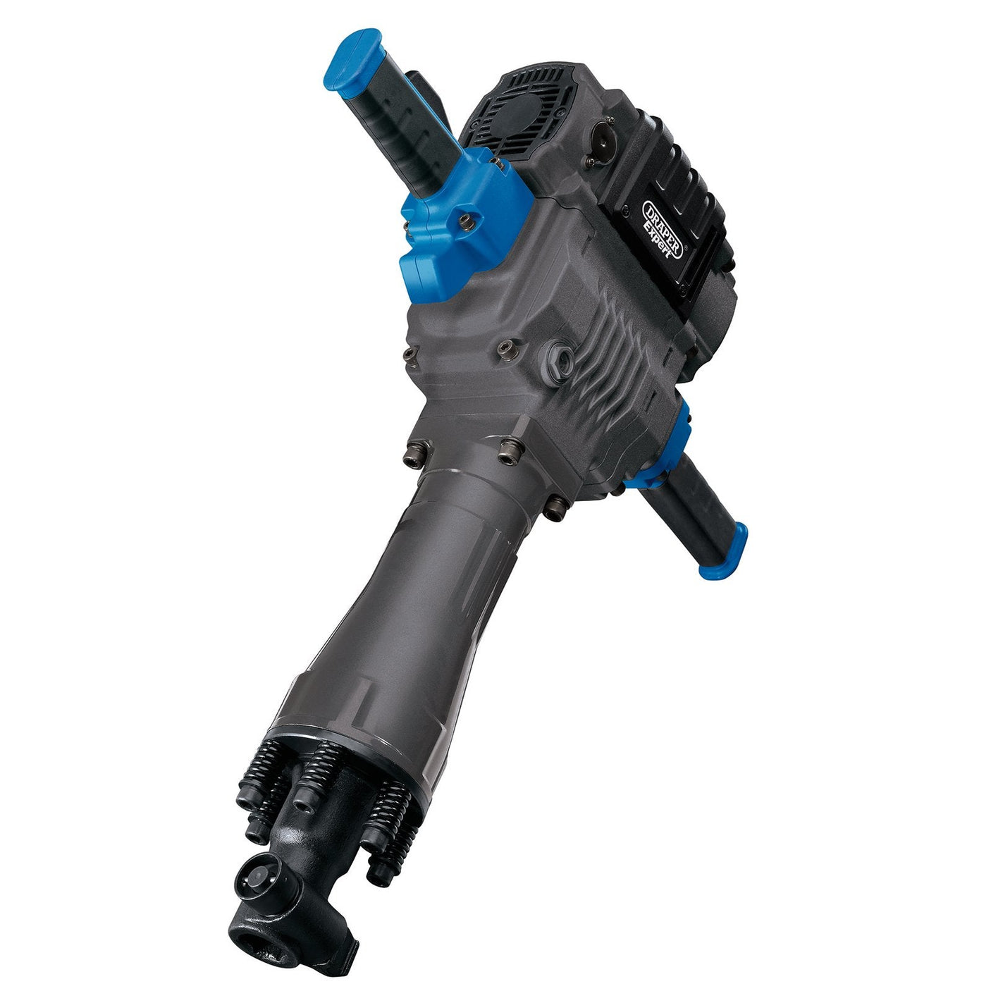 The Draper Expert T-Handle Hex Breaker, weighing 22.5Kg, comes in blue and black with dual handles and includes a chisel bit attachment. It delivers an impressive 85J impact energy and has a powerful 2100W input.