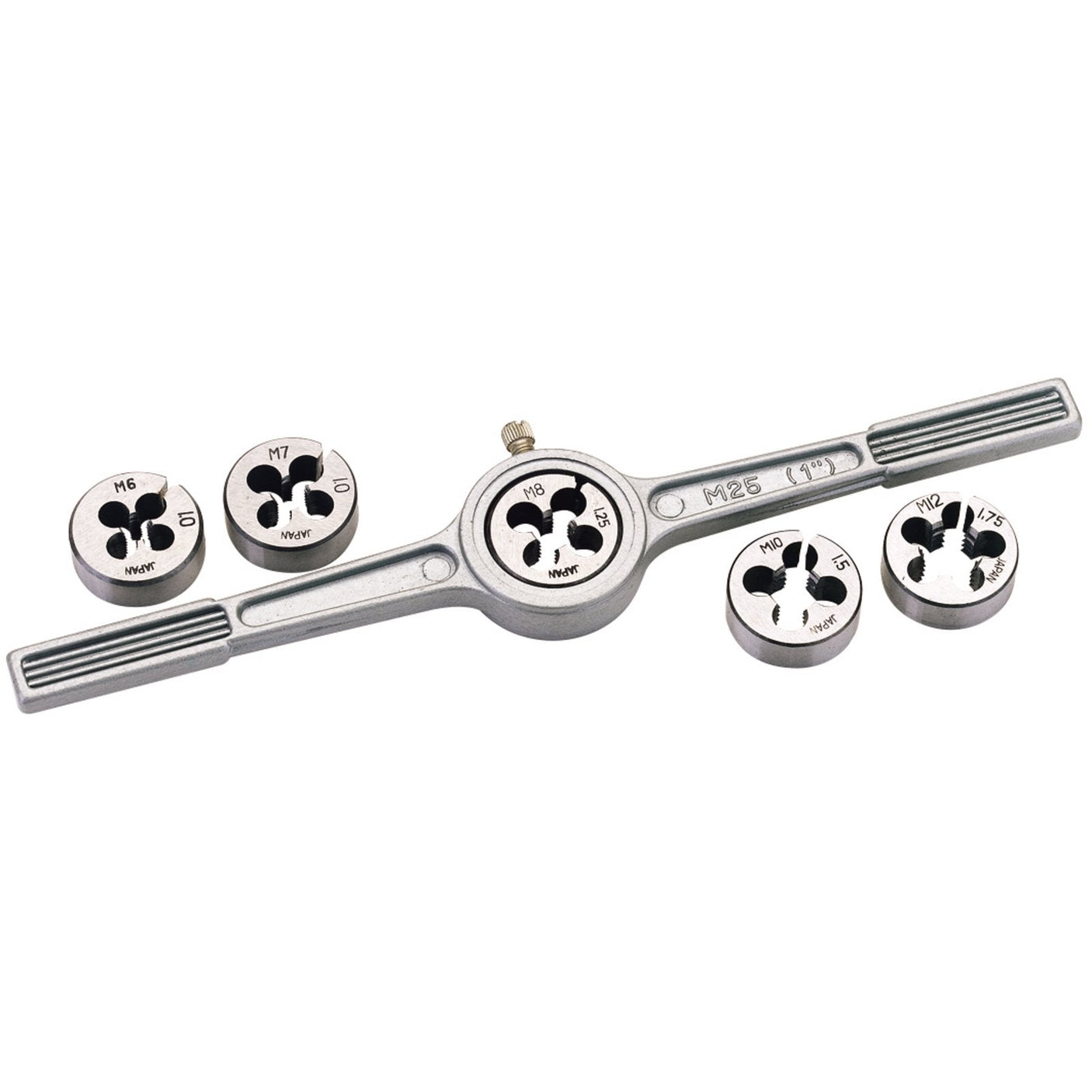 A Draper Circular Metric Die And Holder Set (6 Piece) - D26MM/A, crafted from carbon steel, including a T-handle wrench and five 1" circular split dies, all arranged in two rows on a white background.