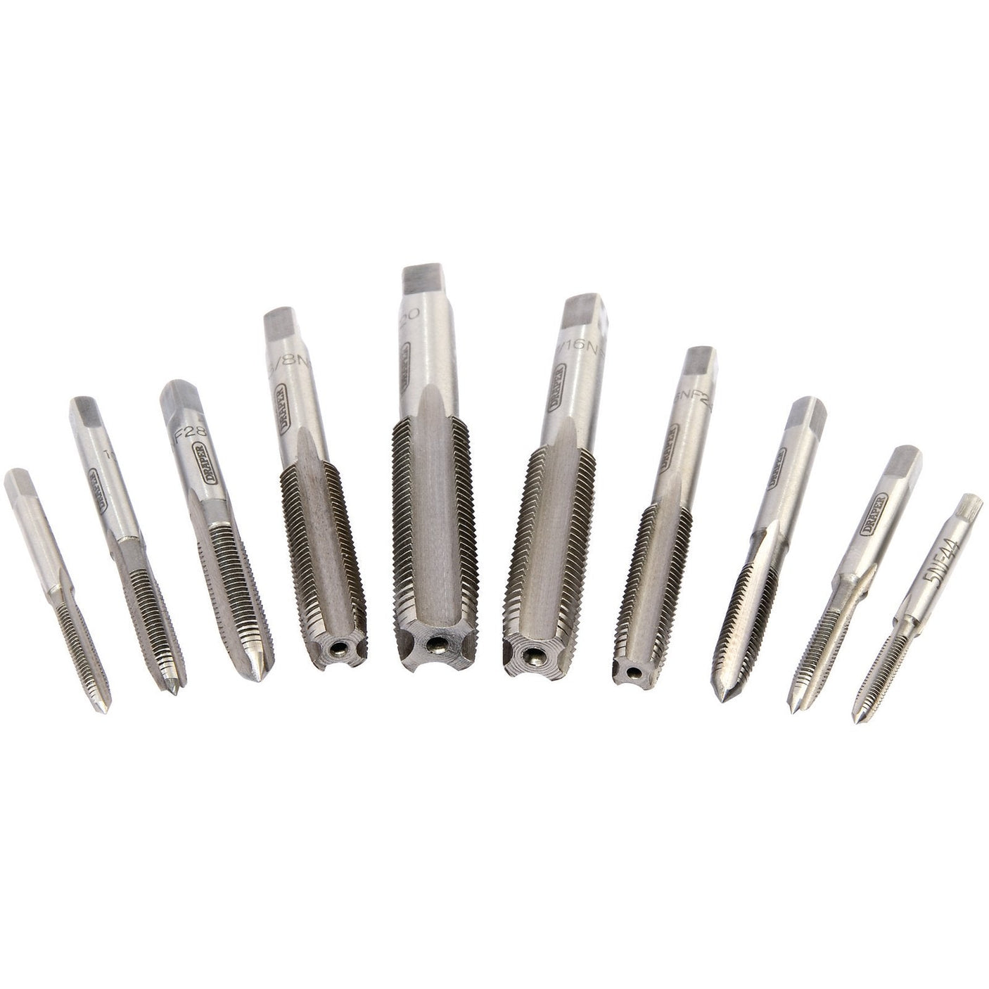 The Draper Unf Hand Tap Set (10 Piece) - 4522UNF/A features a collection of high carbon steel taper taps organized in a sequence, ranging in size from smaller on the ends to larger in the center, designed for precise internal thread cutting.