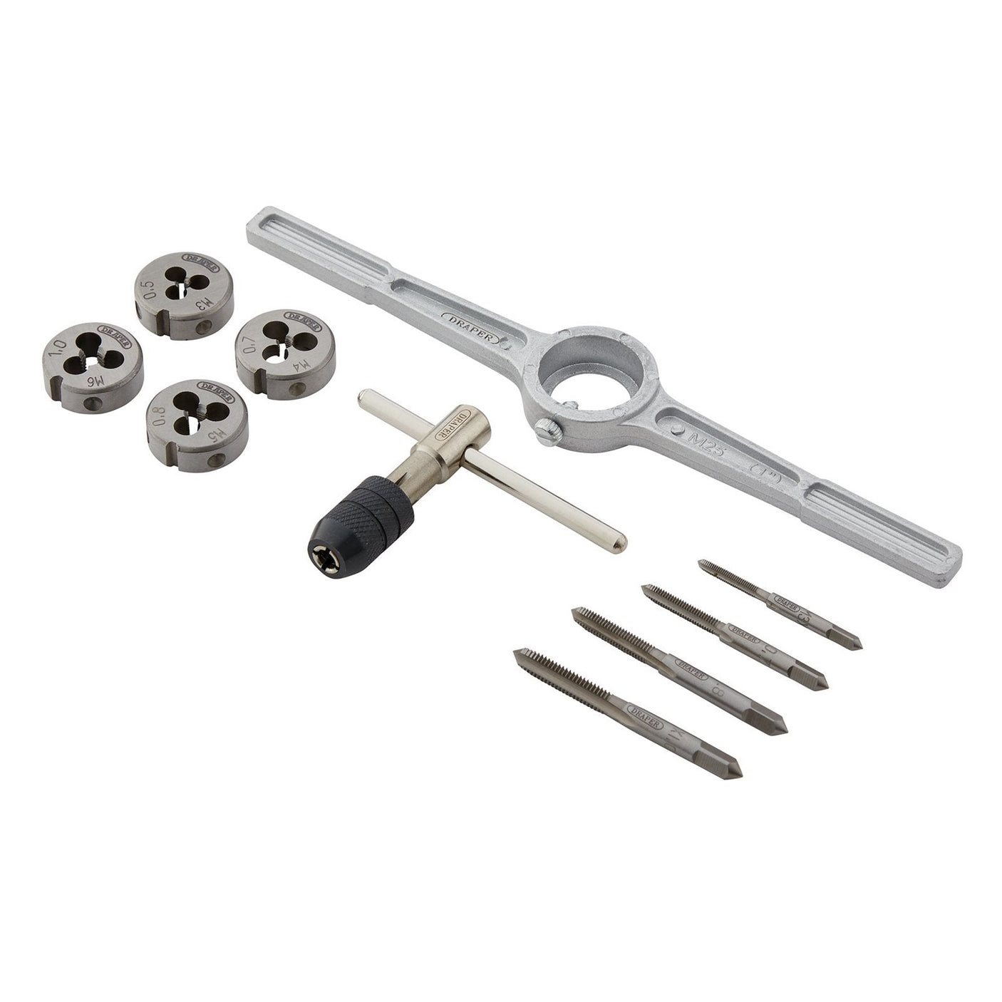 The Draper Metric Tap And Die Set (10 Piece) - 10TDS/A, featuring a T-handle tap wrench, four high carbon steel taps, five dies, and a die stock holder arranged on a white background. This comprehensive re-threading kit from Draper ensures durability and precision for all your metric threading needs.