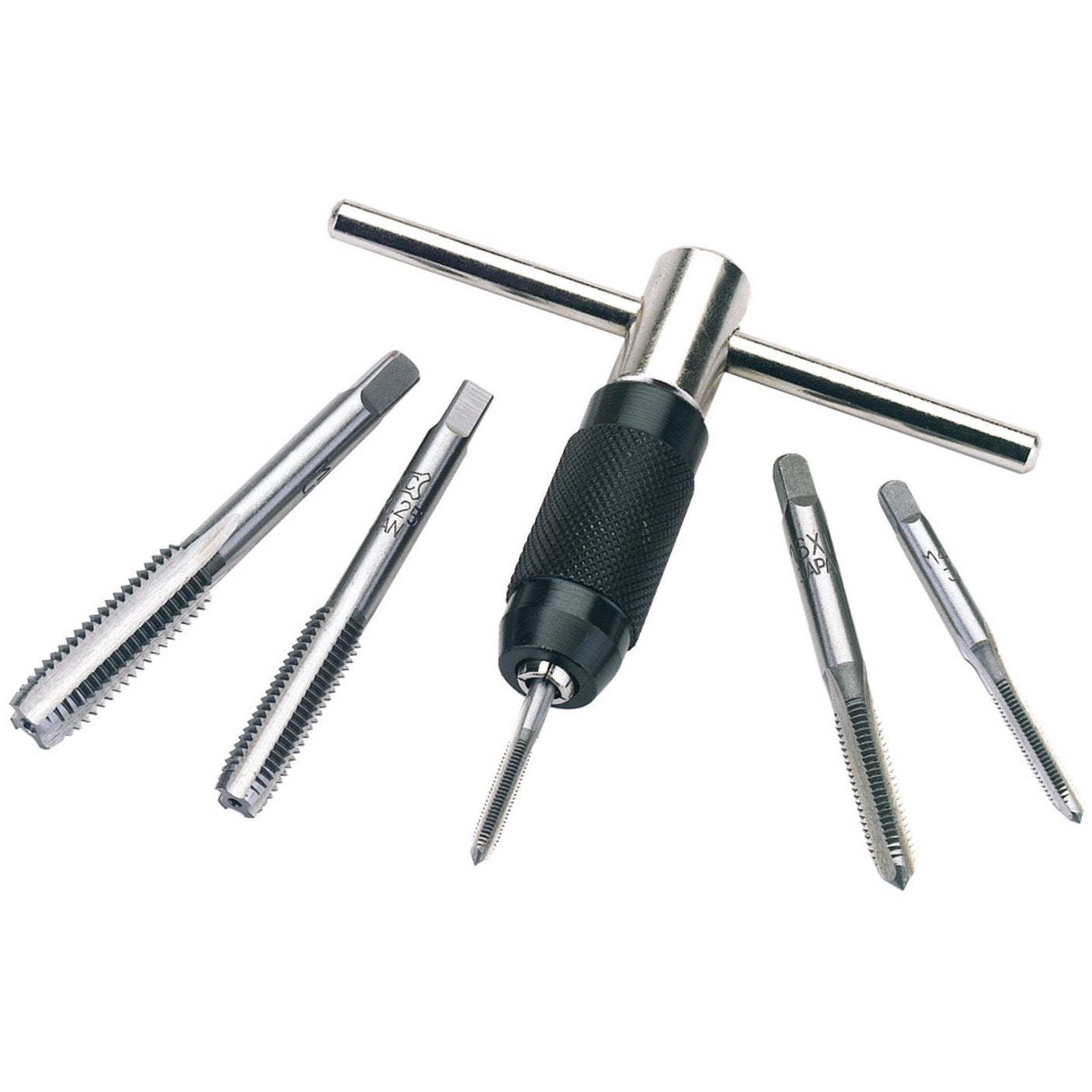 The Draper Metric Tap And Holder Set (6 Piece) - 4523MM/A features a T-handle tap wrench accompanied by four carbon steel metric taps of different sizes, arranged in a convenient semicircle configuration, making it perfect for threading holes in metal.