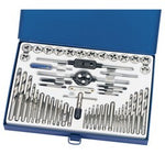 The Draper Tap And Die Set (52 Piece) - 52MU by Draper is a blue case containing a comprehensive assortment of metalworking tools, including carbon steel drill bits, thread cutting tools such as taps and dies, handles, and other accessories, all neatly organized and displayed.