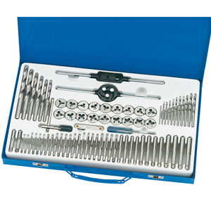 A blue case containing the Draper Combination Tap And Die Set Metric And Bsp (76 Piece) - 76MM/BSP, made of durable carbon steel, including various sizes of taps, dies, wrenches, and handles arranged neatly in designated slots.