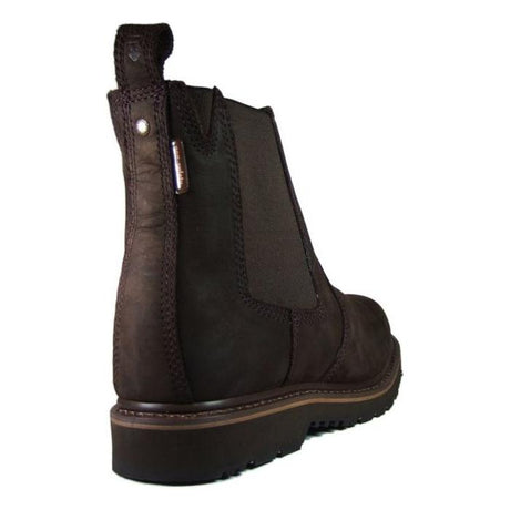 A side and rear view of a brown, slip-on *SPECIAL PRICE* - Buckler - Non-Safety Buckflex Dealer Boot - B1400 by JMCE with a pull tab at the back and a rugged K3 Rubber Sole.