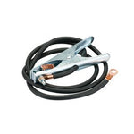 Introducing the Draper Earth Clamp D-Fit 300A 1.5M - A-EC300-DF, a neatly coiled black cable featuring a sturdy metal clamp and copper eyelet terminals at each end.