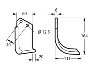 Rotavator Blade Curved LH 60x6mm Height: 164mm. Hole centres: 40mm | Sparex Part Number: S.79671