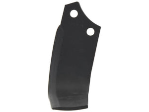 The Rotavator Blade Curved RH 80x7mm, standing at a height of 192mm with two holes centered 48mm apart and a hole diameter of 14.5mm, features a black metal design and a curved bottom edge, making it an ideal replacement part for Maschio (Sparex part number S.79781).