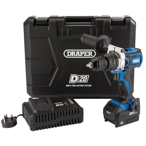 The Draper D20 20V Brushless Combi Drill set (D20CD60SET) by Draper includes a high-performance blue and black drill featuring brushless motor technology, a 4.0Ah battery, a fast charger, and a sleek black carrying case.