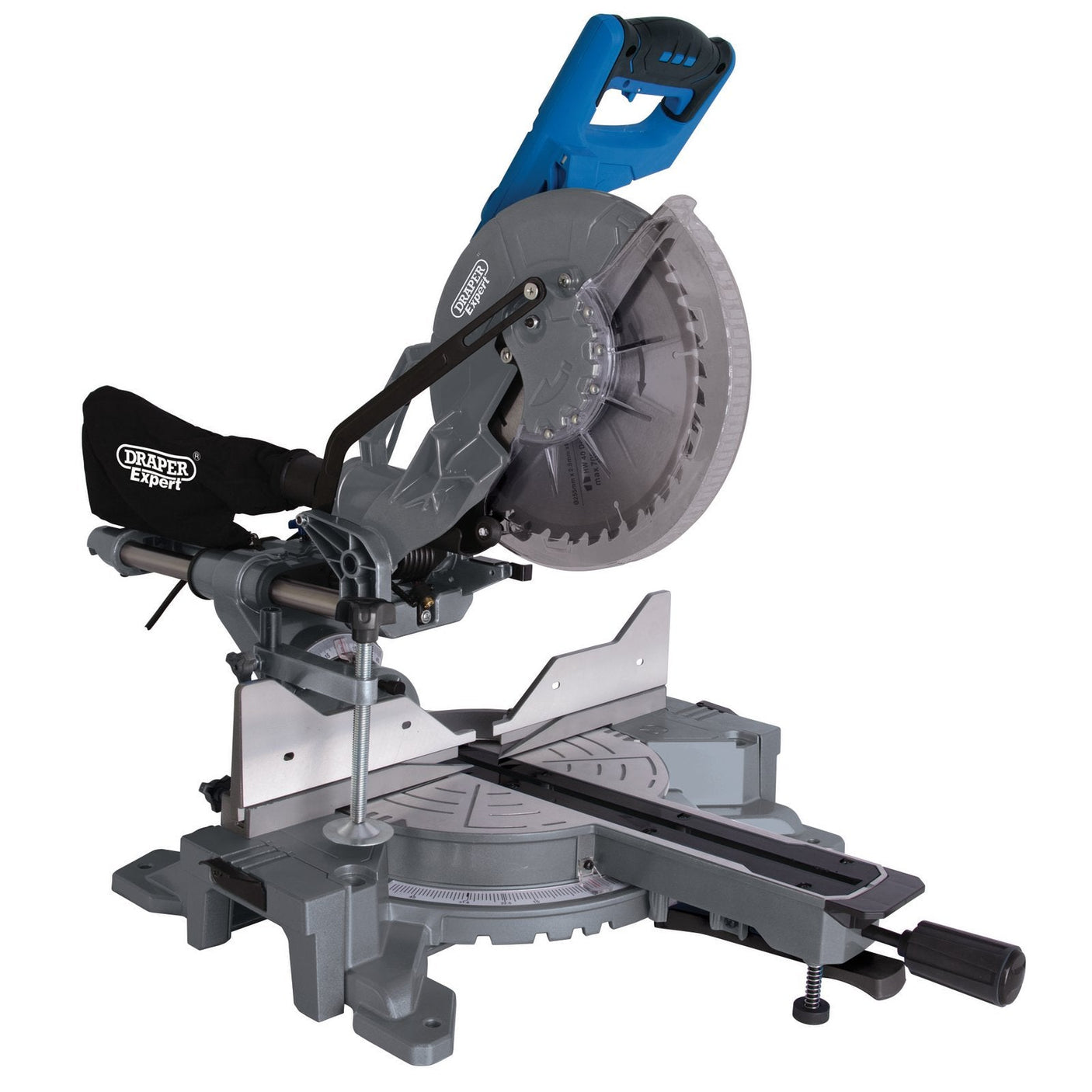 The Draper Double Bevel Sliding Compound Mitre Saw, SMS255E, boasts a strong 2000W motor and 255mm circular blade. It features adjustable angle guides, a double bevel function for precise cuts, and comes with a blue handle and grey base for added convenience.