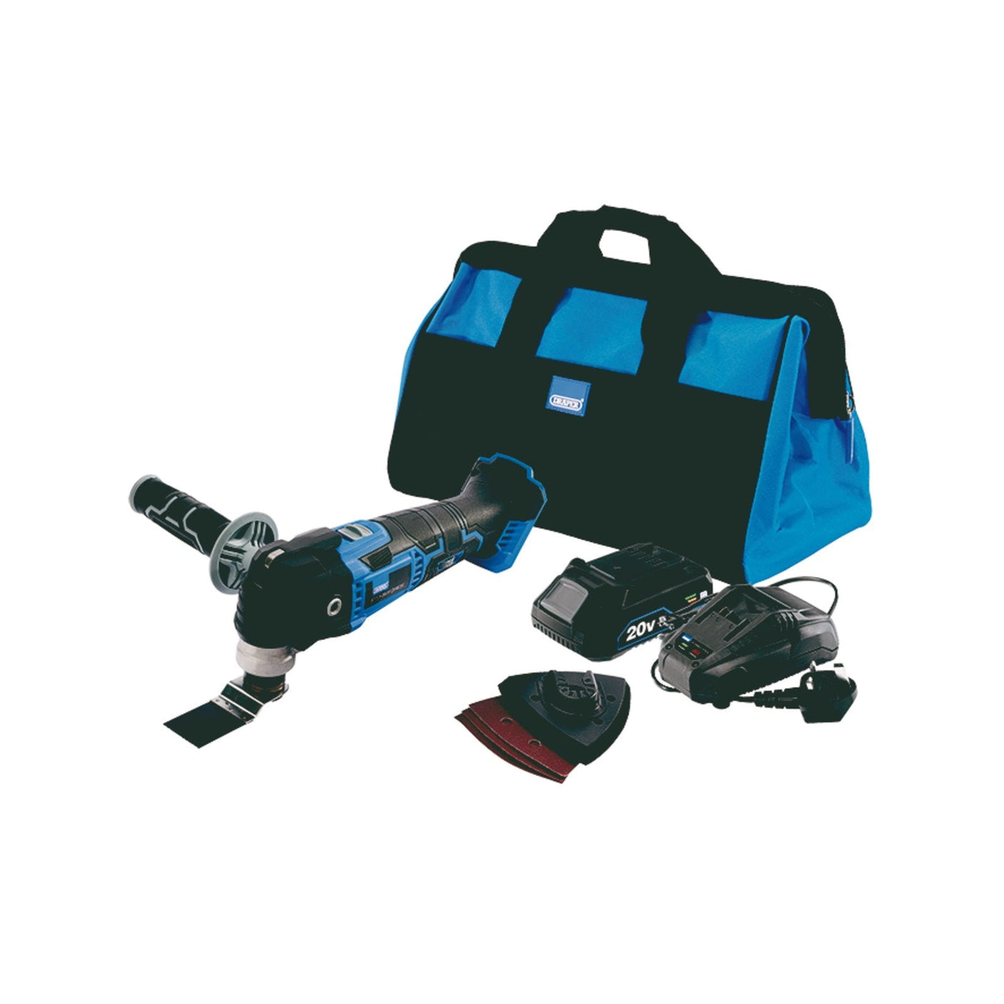 A Draper Storm Force® 20V Oscillating Multi-Tool Kit - COMT20SFKIT includes an electric oscillating multi-tool, auxiliary handle, saw blades, a 20V Power Interchange battery, a charger, and a black and blue carrying bag.