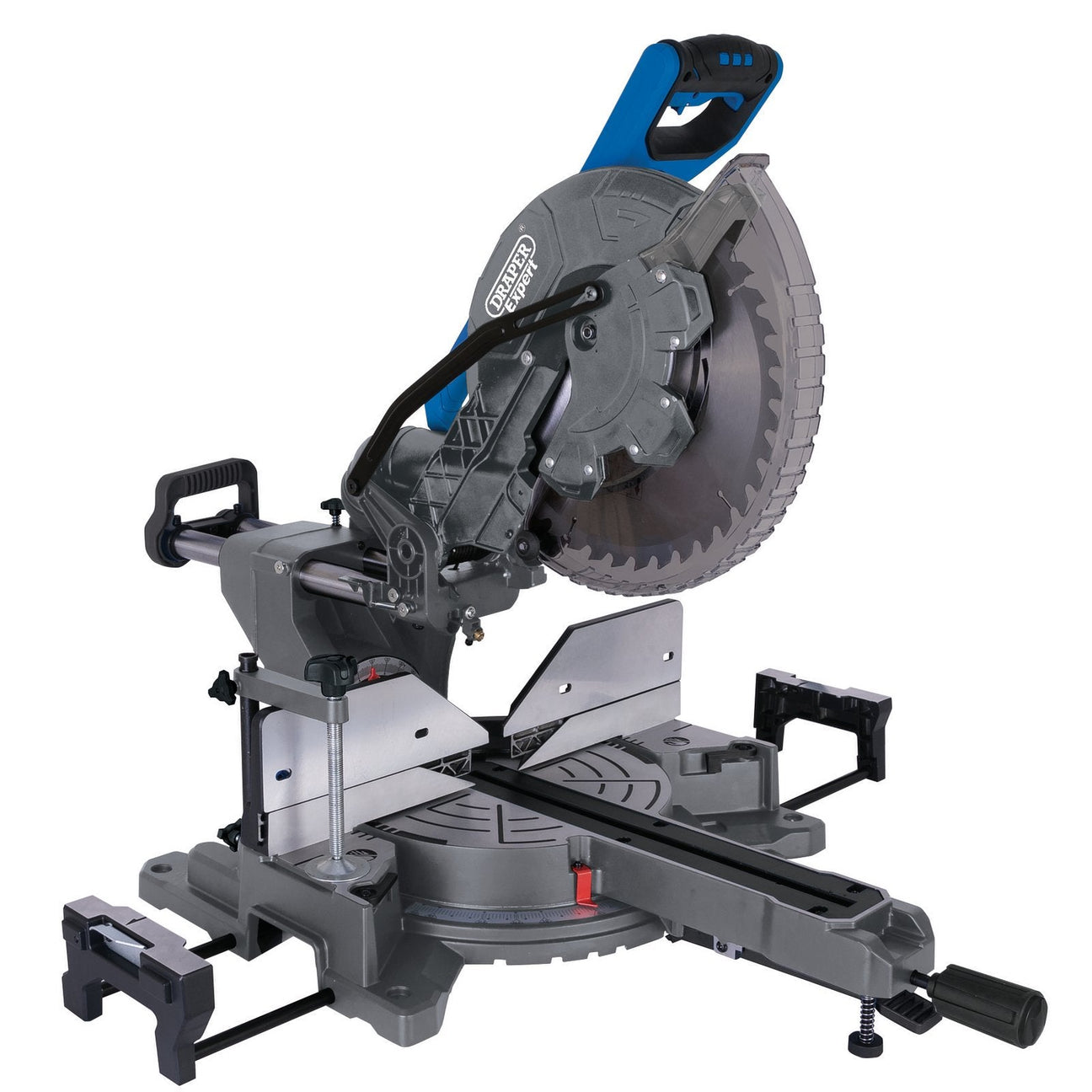 The Draper Expert 230V Double Bevel Sliding Compound Mitre Saw, model SMS305E, features a 305mm circular blade, adjustable arm, double bevel capability, and a clamping base for securing materials.