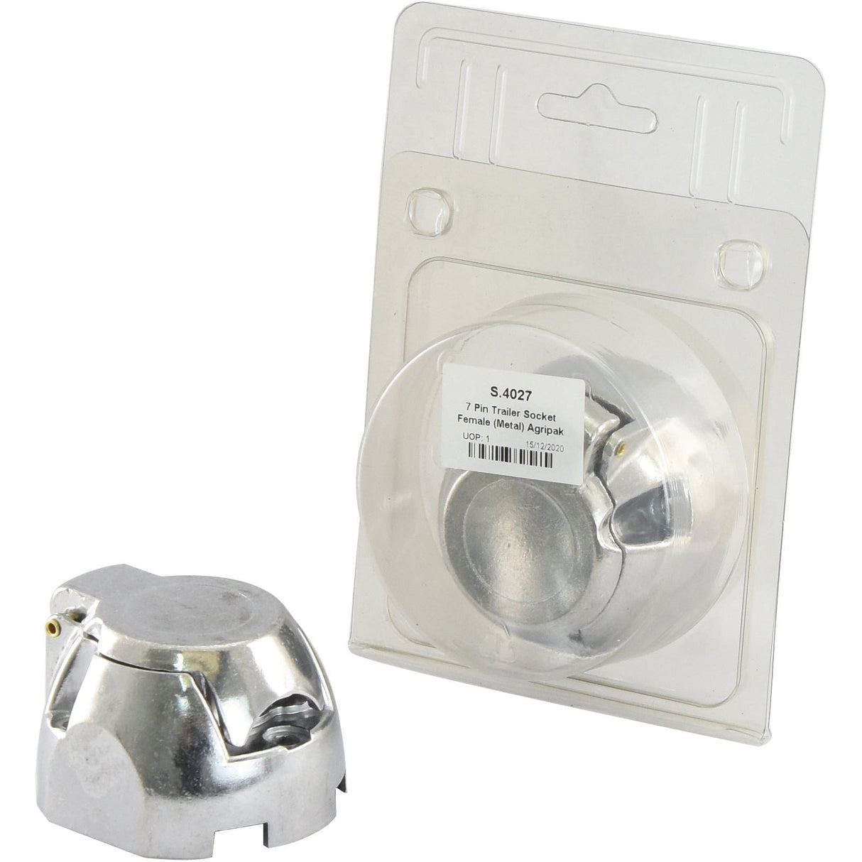 Image of a Sparex 7 Pin Trailer Socket (Metal), Female 12V (Sparex Part No.S.4027) with screw connectors. One socket is shown outside its packaging, and another is inside a clear plastic package with an Agripak label displaying the product information. The metal finish on the sockets adds durability and sleekness to the design.
