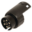 The Sparex 7 Pin to 13 Pin Conversion Socket - S.28251 features a black seven-pin trailer wiring connector arranged in a circular layout, which can be used with a 7 pin socket or easily upgraded to a 13 pin socket using this appropriate converter.