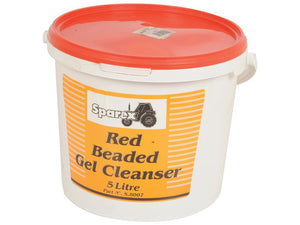 A white, round plastic container with an orange lid, labeled "Beaded Gel 5 ltr(s) - Red | Sparex Part Number: S.8007." The container features a graphic of a tractor on the label and belongs to the Sparex brand.