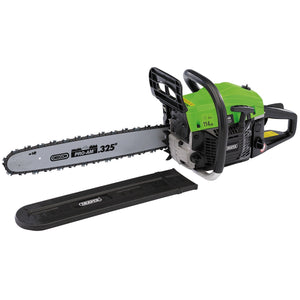 The Draper Petrol Chainsaw, 450mm, 45Cc - CSP4546, a green and black chainsaw with a 325mm Oregon Pro-Am bar, featuring an easy recoil start and a Walbro carburettor, is positioned next to its protective blade cover on a white background.