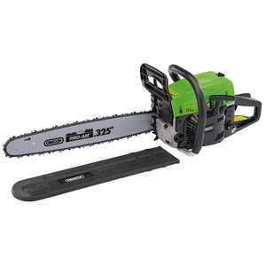 A green and black Draper Petrol Chainsaw, 500mm (52Cc) - CSP5250 with a 16-inch Oregon Pro-Am .325 blade and powered by a robust 2000W engine, is shown alongside its blade cover.