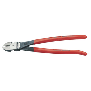 Close-up of Draper's Knipex 74 01 250 SBE High Leverage Diagonal Side Cutter, featuring a red handle and an induction-hardened, chrome vanadium electric steel cutting head, positioned horizontally.