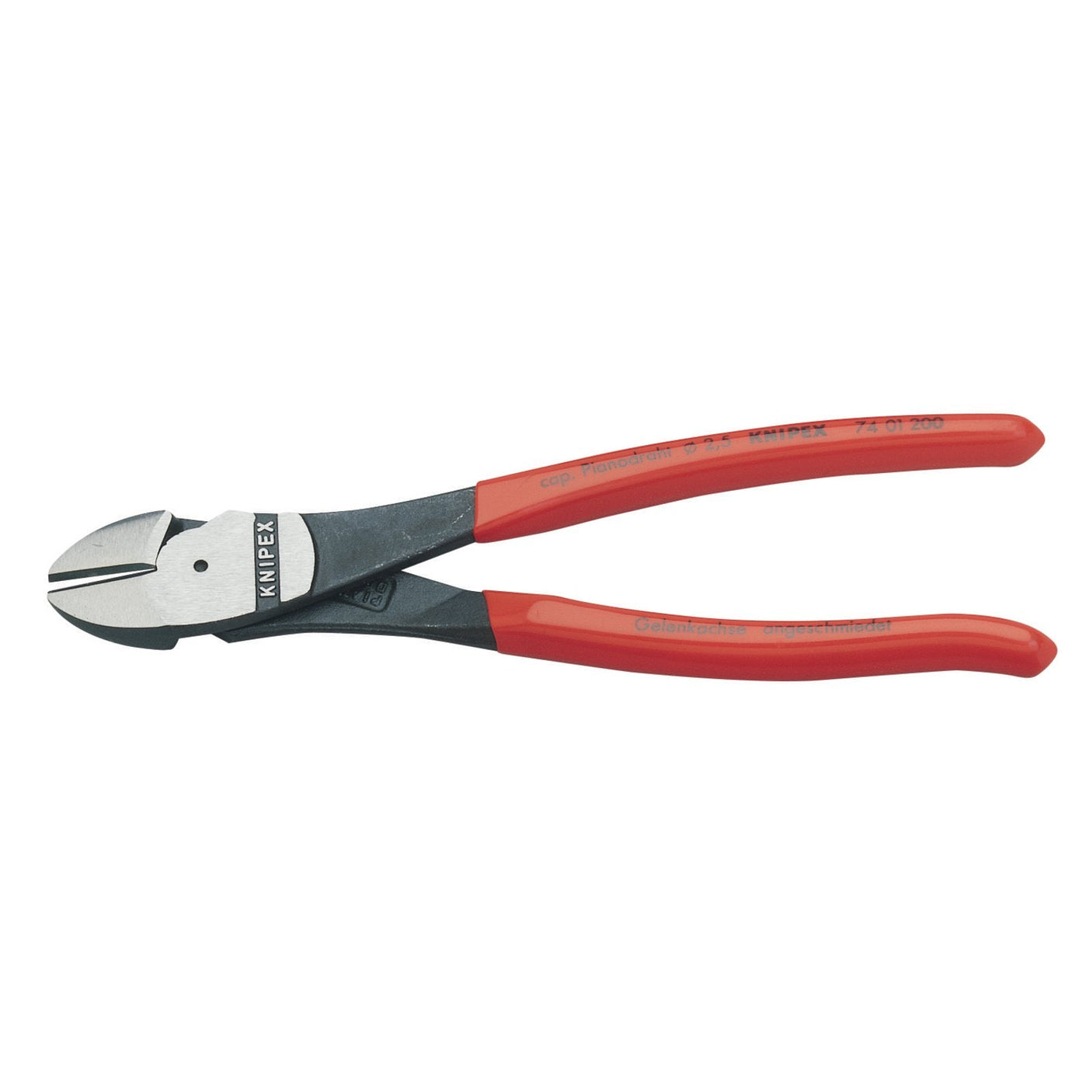 The Draper Knipex 74 01 200 SBE High Leverage Diagonal Side Cutter, 200mm, features red handles and black metal blades. It is crafted from chrome vanadium electric steel, conforms to DIN ISO 5749 standards, and has induction-hardened blades for enhanced durability.