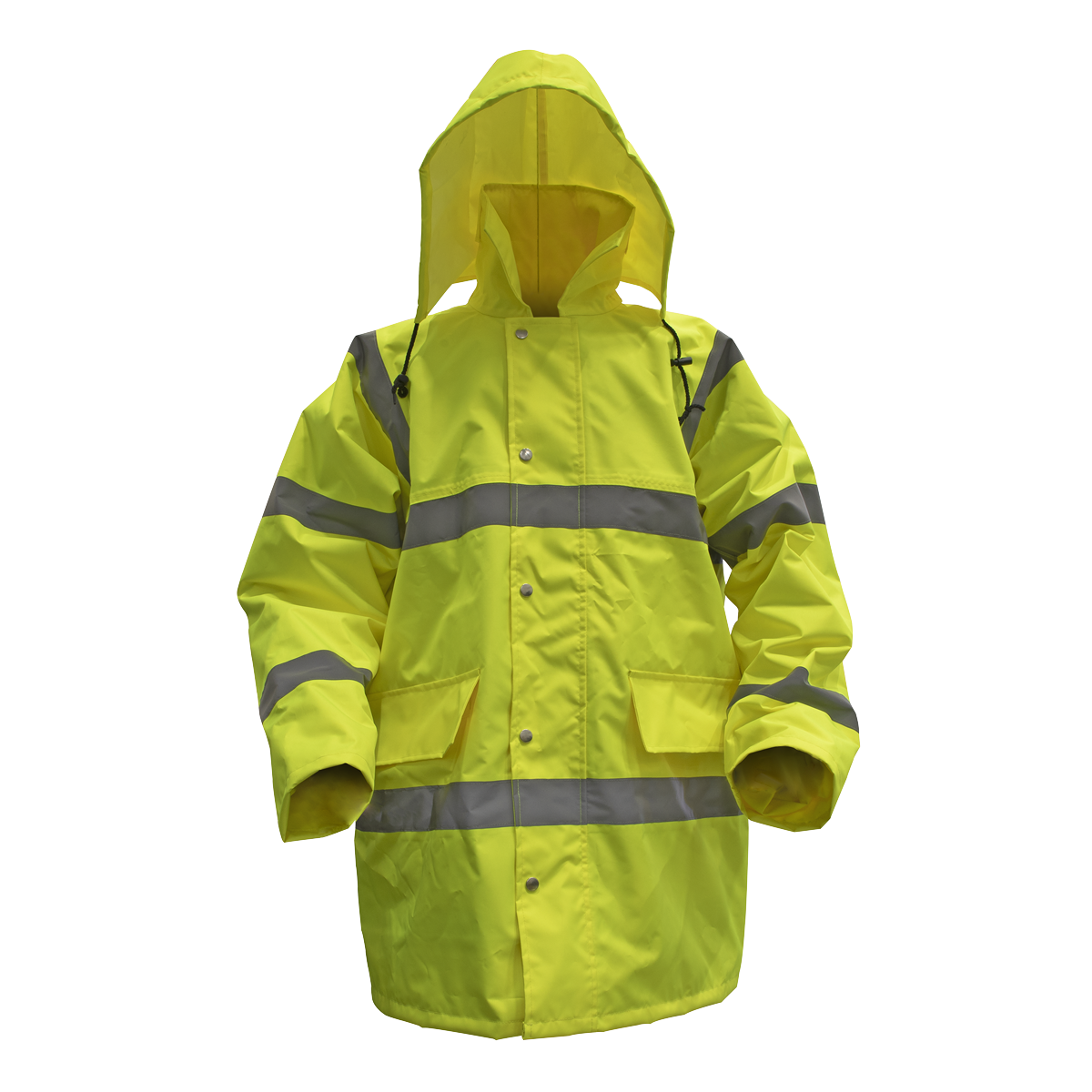 The Sealey Hi-Vis Yellow Motorway Jacket with Quilted Lining - Large - 806L is an EN ISO 20471 certified waterproof jacket featuring high-visibility yellow color and silver reflective stripes across the chest and sleeves. It includes a hood, front buttons, and two large front pockets for convenience. The quilted lining provides extra warmth and comfort on rainy days.