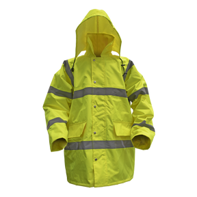 The Sealey Hi-Vis Yellow Motorway Jacket with Quilted Lining in X-Large (806XL) is a bright yellow, hooded, waterproof jacket featuring reflective stripes on the chest, back, and arms. It has a front button closure, two large pockets, and a cozy quilted lining for added warmth.