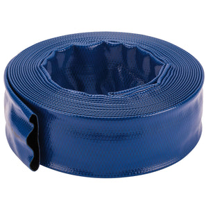 The Draper Layflat Hose, 10M x 50mm - ASWP6A, is a coiled blue hose with a textured surface, ideal for use with submersible water pumps. It comes packaged in a durable polybag for easy storage and transport.