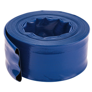 The Draper Layflat Hose, 10M X 75mm - ASWP7A, is a coiled blue hose with a textured surface, ideal for use with submersible water pumps and conveniently packaged in a polybag.