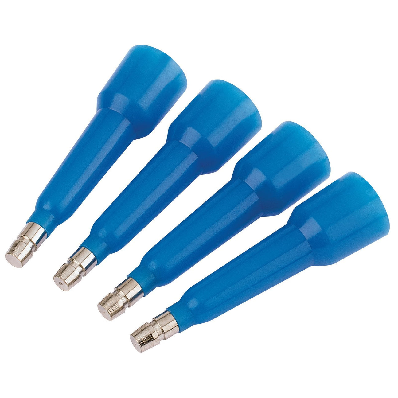 The Draper H.T. Tester Set (4 Piece) - 1179/B includes four blue spark plug socket extensions with metal connectors, ideal for use in petrol H.T systems or for fault finding with high tension testers.