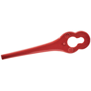 Introducing the Draper Spare Blades For 75212 (Pack Of 10) - A-GTC18LI-50, featuring a distinctive red plastic tool with a long handle and a keyhole-shaped opening at the wider end. Perfect for anyone needing assistance with ordering or questions about usage.