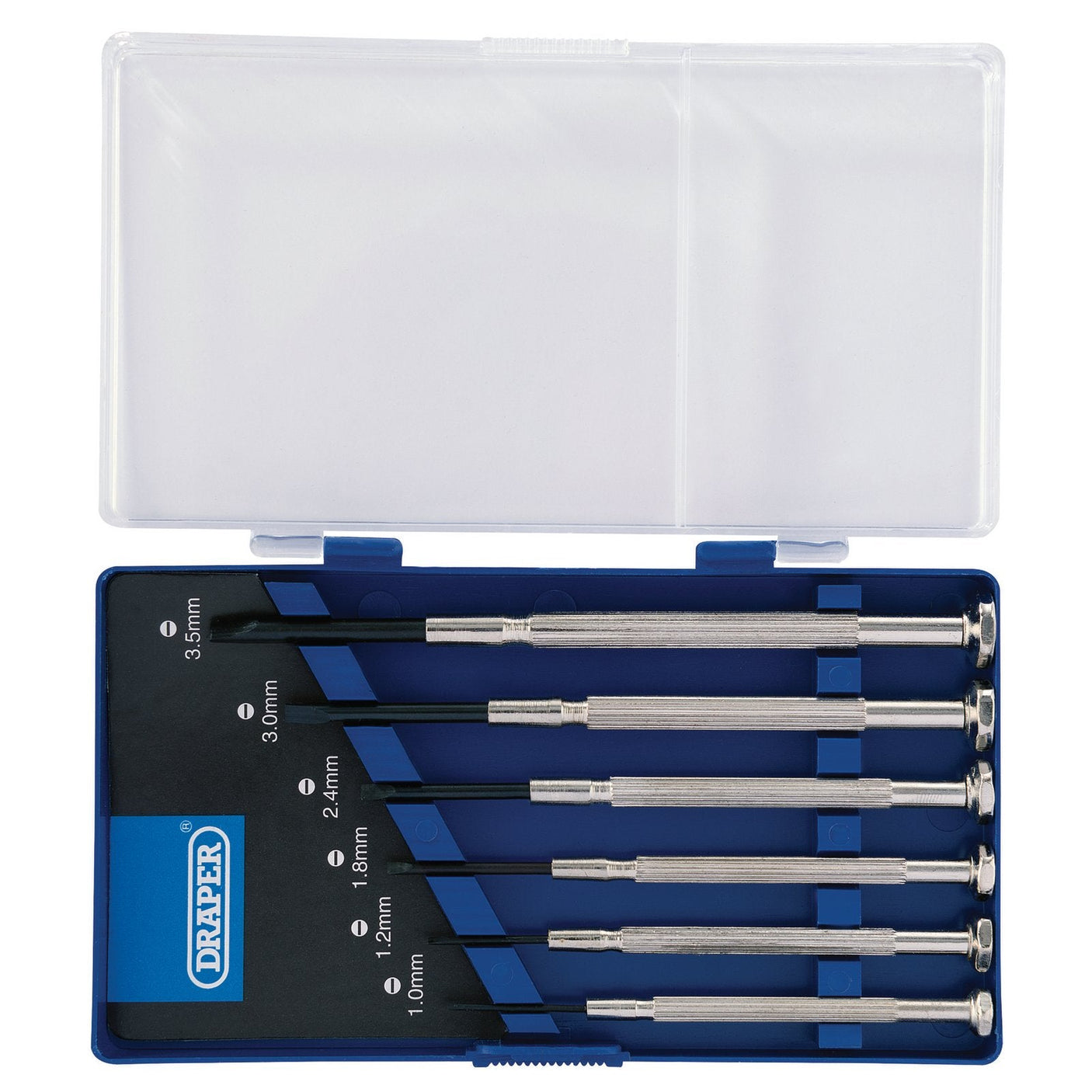 The Draper Precision Screwdriver Set, 6 X Plain Slot (6 Piece) - PS1104F includes six precision screwdrivers with steel blades, each varying in size. These are arranged neatly in a blue plastic case with a clear lid and size labels for easy identification.