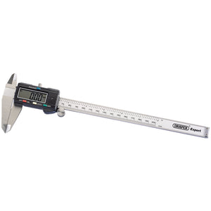 A Draper Dual Reading Digital Vernier Caliper, 0 - 200mm/0 - 8" - PVC200D/B with a large LCD display showing "0.00" and a metal measuring scale marked in millimeters. The caliper is branded "Draper" and features an auto power off function for energy efficiency.