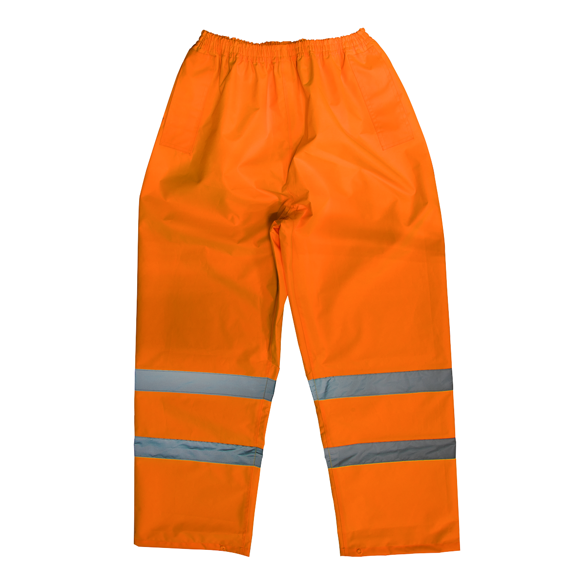 Sealey Hi-Vis Orange Waterproof Trousers - Large (807LO) feature reflective strips on the legs, an adjustable waist, and meet EN ISO 20471 standards.