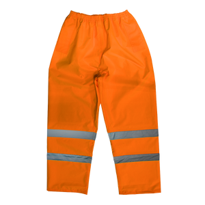 Sealey Hi-Vis Orange Waterproof Trousers - Large (807LO) feature reflective strips on the legs, an adjustable waist, and meet EN ISO 20471 standards.