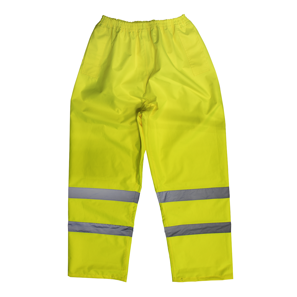 A pair of Sealey Hi-Vis Yellow Waterproof Trousers - Medium (807M) with reflective strips around the lower legs and an adjustable waist.