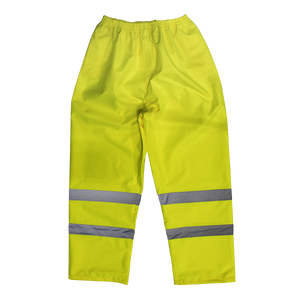 A pair of Sealey Hi-Vis Yellow Waterproof Trousers - Medium (807M) with reflective strips around the lower legs and an adjustable waist.