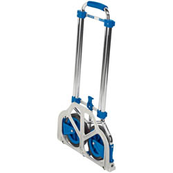 The Draper Heavy Duty Fold Flat Sack Truck, 125Kg - DHTHD is a silver and blue sack truck featuring two wheels, a top handle, and a collapsible frame for easy storage.